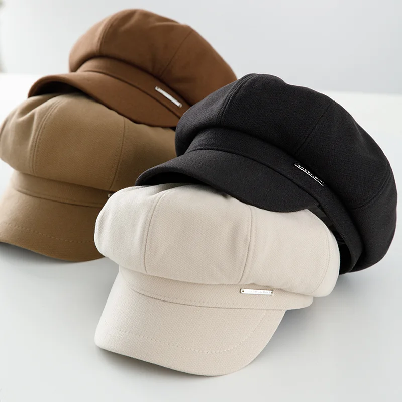 Autumn Winter New Fashion Newsboy Hat Women Solid Color Twill Woolen Retro Beret Black Beige Brown Octagonal Hat Casual CAP