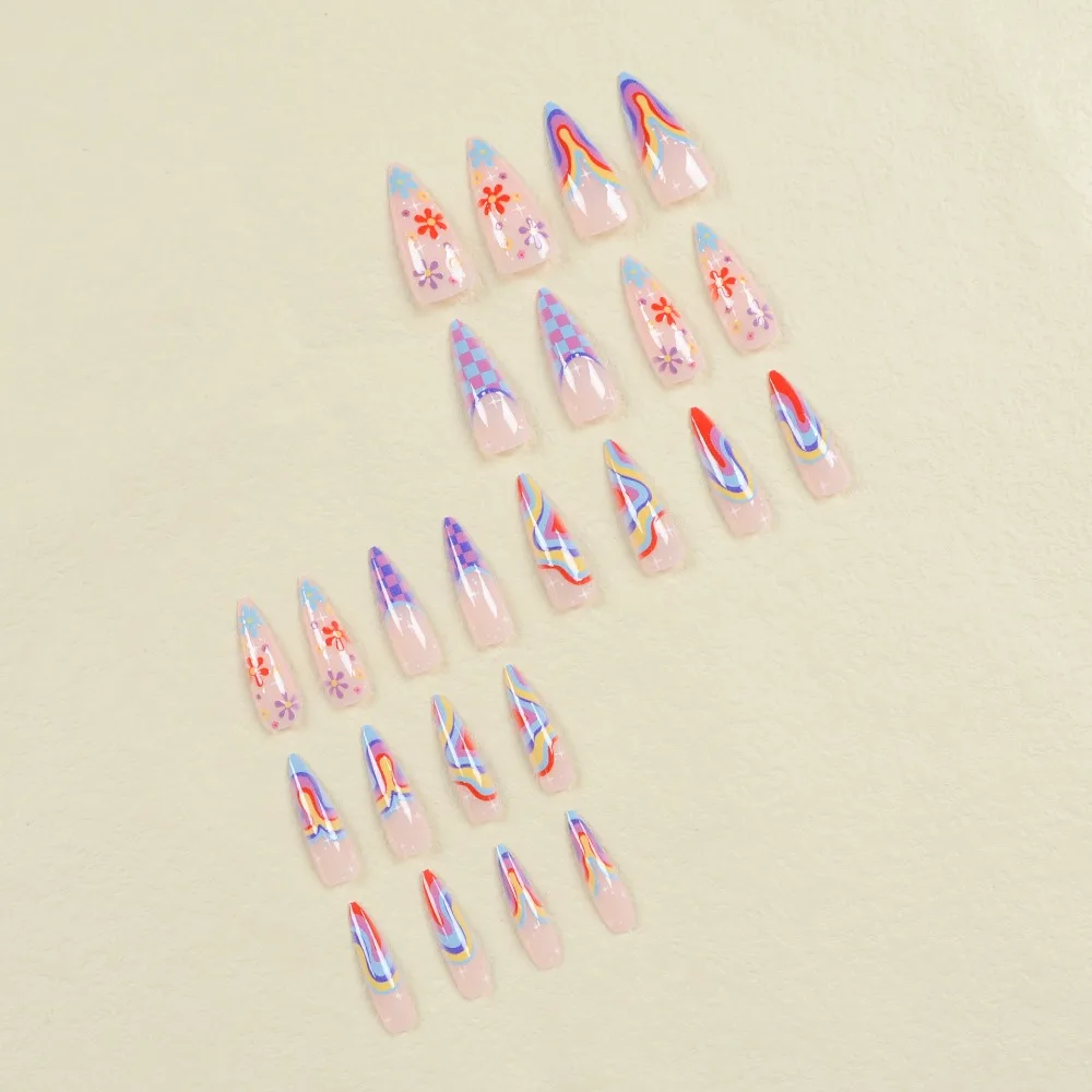 24Pc Halloween Amandel Valse Nagel Pers Op Nagel Nep Nageltip Regenboog Lijn Diy Volledige Set Afneembare Waterdichte Lange Ballet Nagels