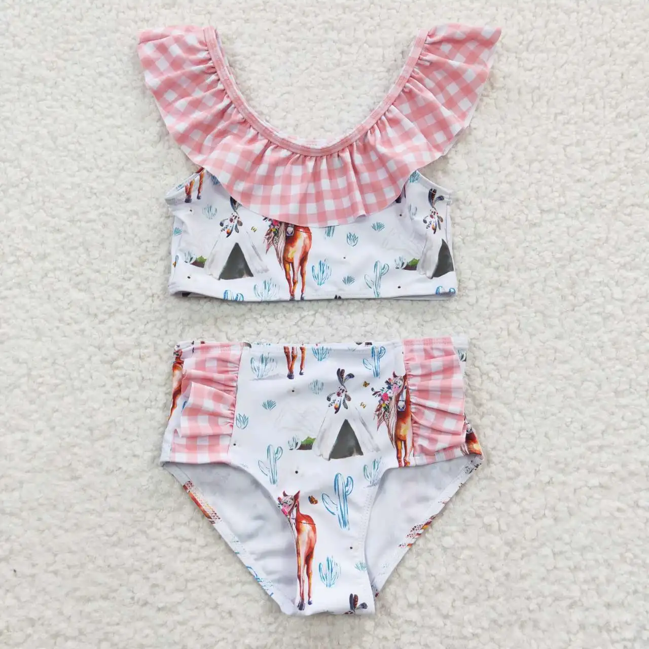 

High Quality RTS H​orse Cactus Pattern Children Beach Sets Summer Girls Swimwear Baby Pink 2PCS Swimsuits