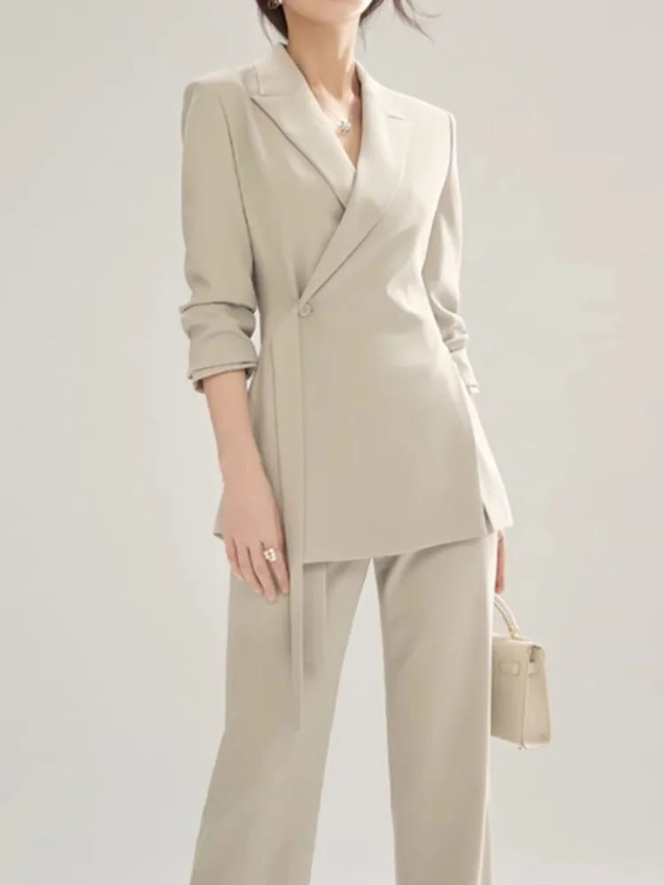 

New Office Lady Solid Women Suits 2 Pieces Chic Long Sleeve Blazer High Waist Straight Pants Vintage Sets Female Fashion Clothes