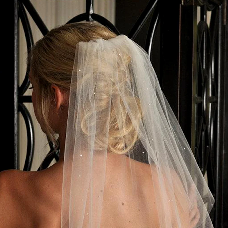 Velo Da Sposa Corto Con Perle - Velo Bianco Tulle Per Matrimonio - Foto 9