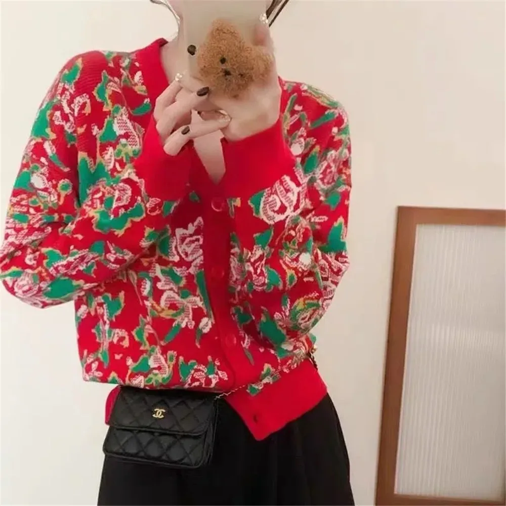 

Red big flower knitted cardigan women spring and autumn new loose all the western style sweater coat top