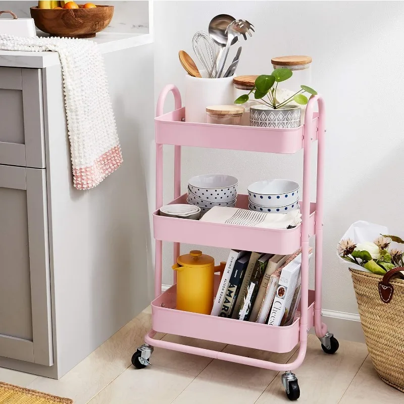 3-Tier Rolling Metal Storage Organizer Mobile Utility Cart Kitchen Cart with Caster Wheels for Bathroom Office
