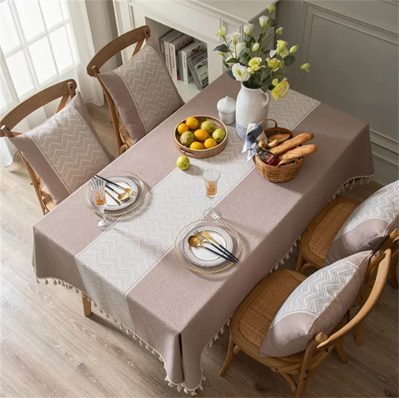 

Cotton Jacquard Fabric Tablecloth Linen Tassel Rectangular Home Decoration Table Cover With