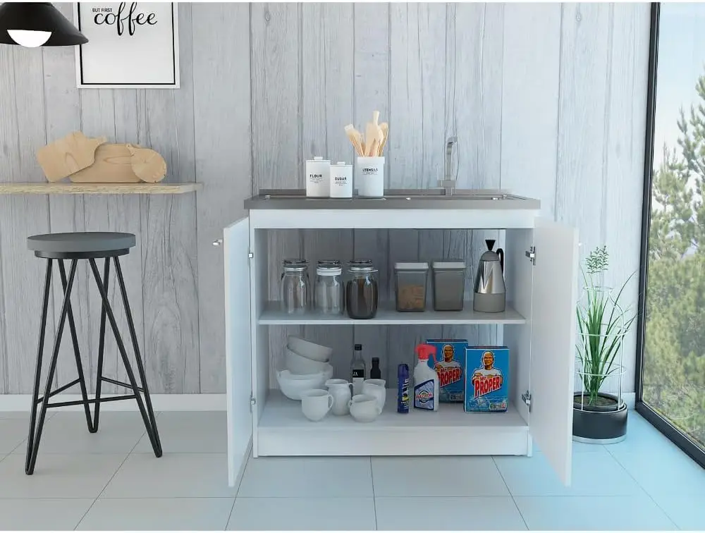 Napoles Utility Kitchen Sink, Storage Cabinet with Shelf and Double Doors – All-in-One Kitchen Sink Cabinet for Home or Laundry
