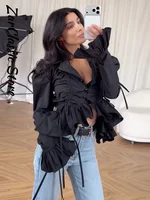 Chemisier plissé à volants pour femme, style urbain, uni, à simple boutonnage, manches longues, coupe courte, nouvelle collection printemps décontractée 3