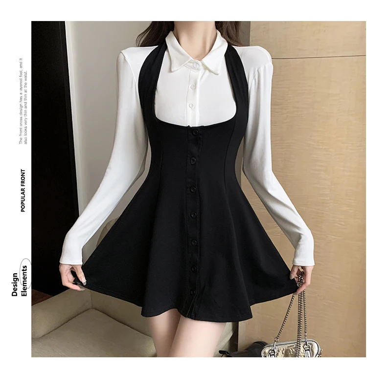 Autumn New Two-piece Skirt Sets Women Long Sleeve White Blouse High Waist Halter Mini Dress Korean Fashion Y2K Harajuku Outfits