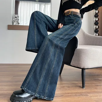 Jean décontracté pour femme Y2K, coupe large, rétro, en denim extensible, patte d'éléphant, tendance, avec ceinture, taille haute, printemps-été