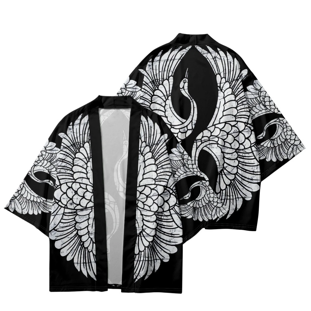 2023 Casual Crane Design Print Kimono Summer Beach Cardigan Haori Streetwear Women Men Oversized Asian Clothing