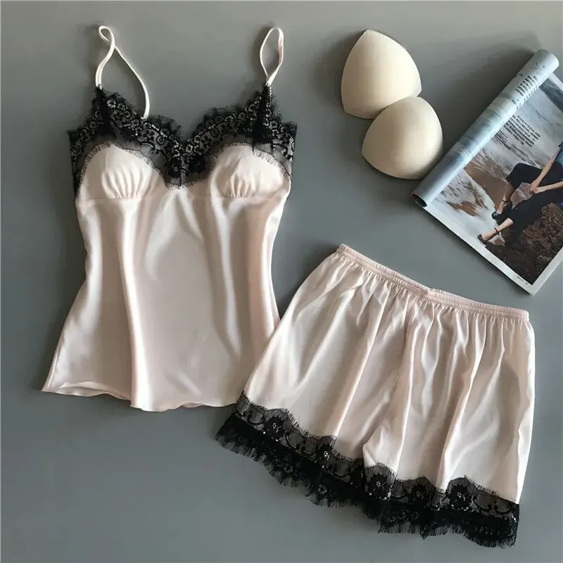 Halter Pajama Women Summer Sexy Ice Silk Two-Piece Set With Breast Cushion Shorts Plus Size Thin Home Wear