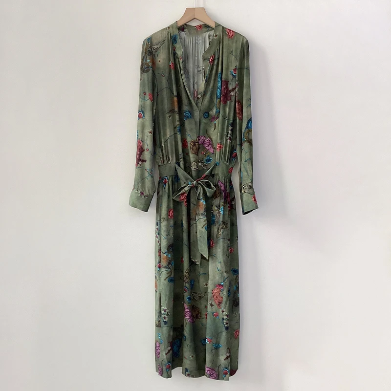 

Zadig Summer Long Dress Women Elegant Green V-Neck Chic Long Sleeve Robes Female Casual Loose Pocket New Fashion Rayon Robes