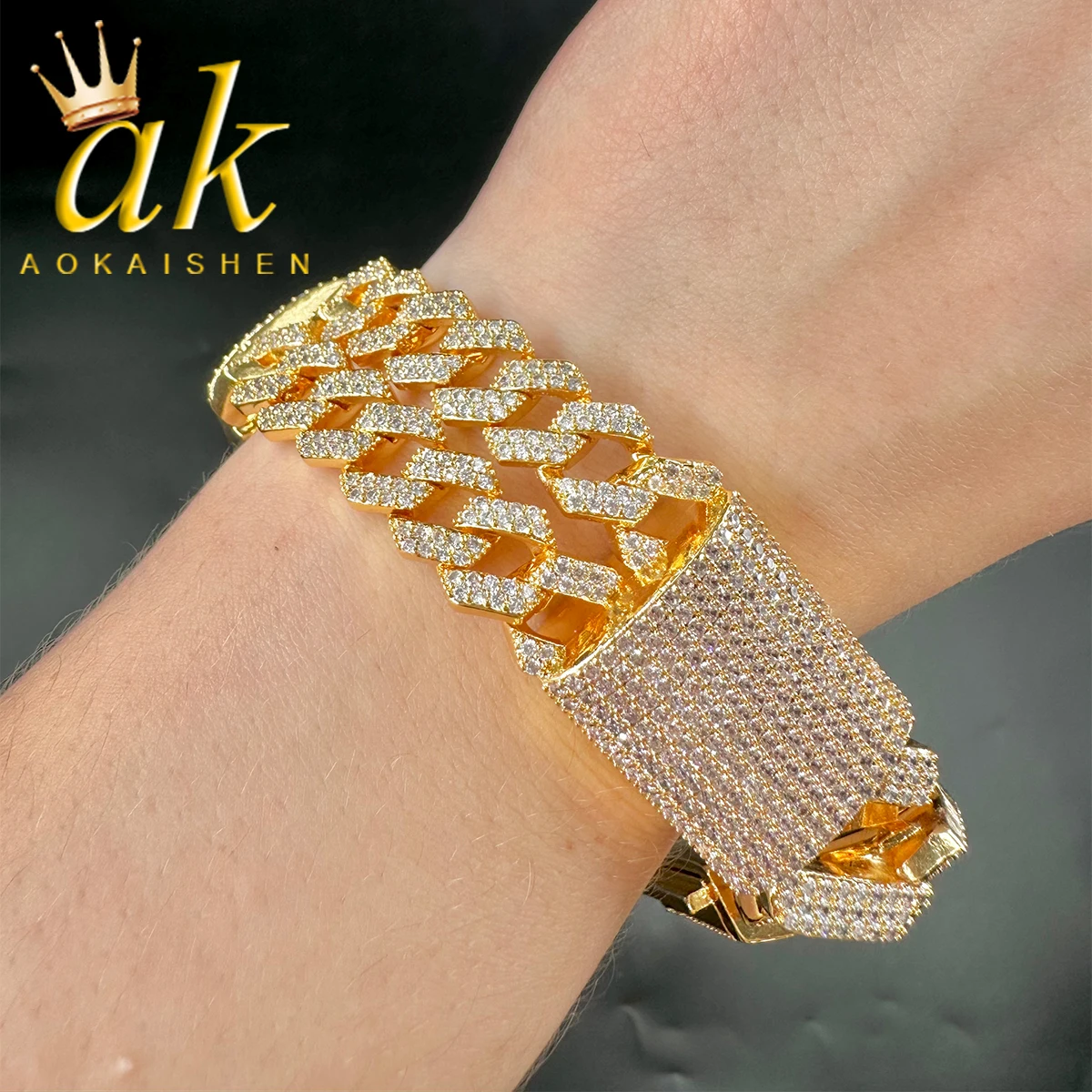 

Aokaishen Iced Out Bracelet for Men Cuban Link Charms Prong Setting Real Gold Plated Cubic Zirconia Hip Hop Fashion Jewelry