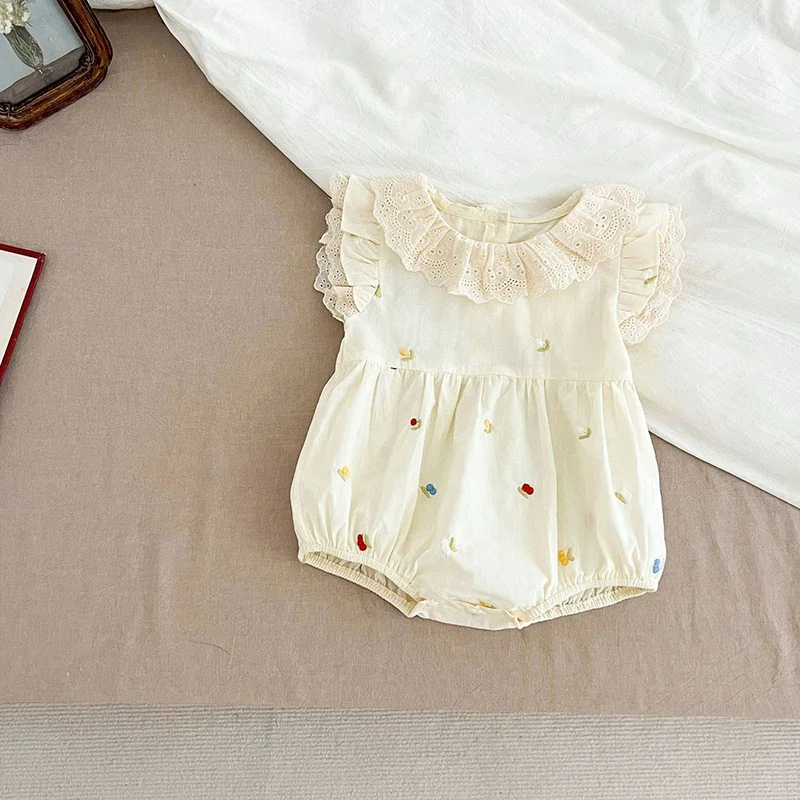 Cute Girls Summer Dresses Lace Collar Baby Bodysuits