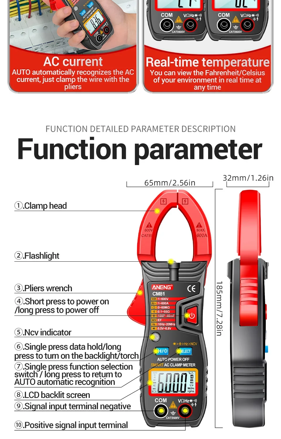 ANENG CM81 Digital Clamp Multimeter - AC/DC Voltage, Current, Resistance, Capacitance, and Diode Tester High-performance, auto-ranging digital clamp multimeter for precise measurements of AC/DC voltage, current, resistance, capacitance, and diode testing. High-performance, auto-ranging digital clamp multimeter for precise measurements of AC/DC voltage, current, resistance, capacitance, and diode testing. Sa1e0c78abda849699b8f18244b1904062 -
