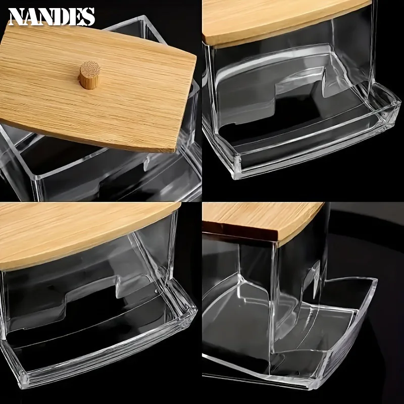 Acrylic Storage Box Bathroom Jar Makeup Organizer Cotton Round Pad Holder Cotton Holder Dispenser with Bamboo Lid Clear Plastic 6