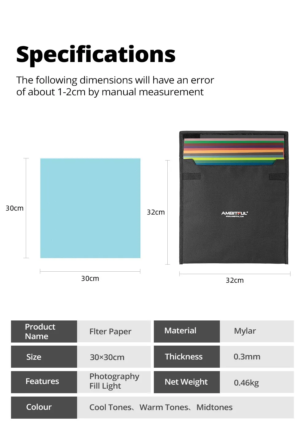 12"x 12" 30x30cm 22pcs Color Correction Gels Set Color Gel Filter Film + Carryin