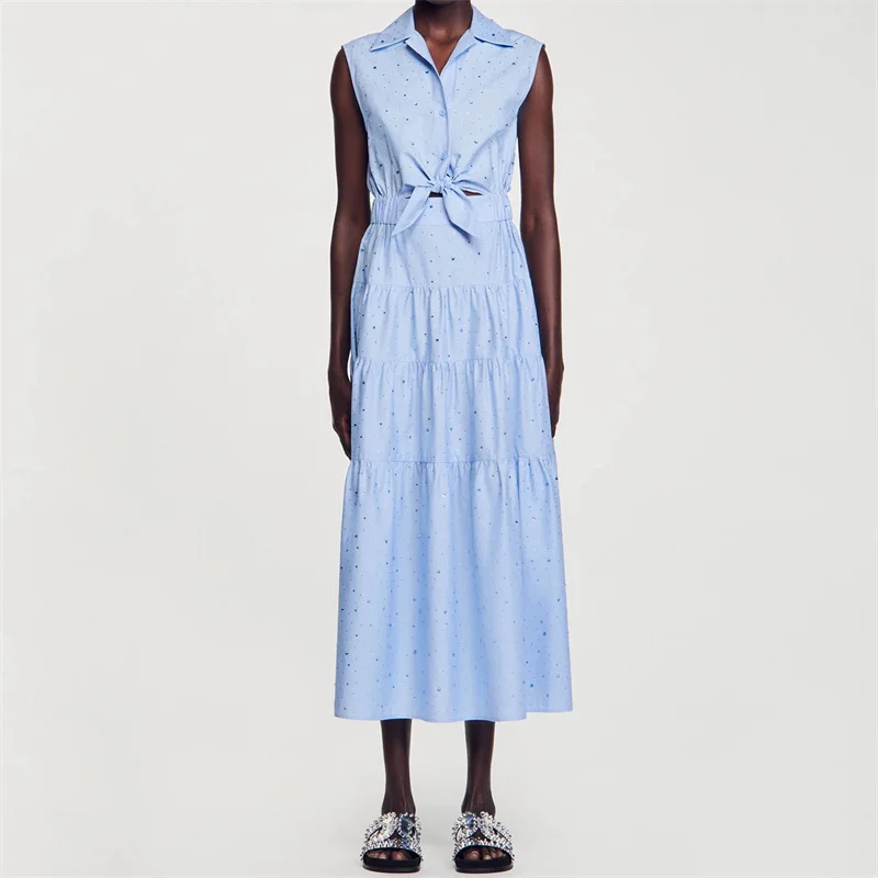 

fashion summer dresses 2024 Summer New in Rhinestone decoration Lacing Long dress Pleated slim fit pure cotton sleeveless dress