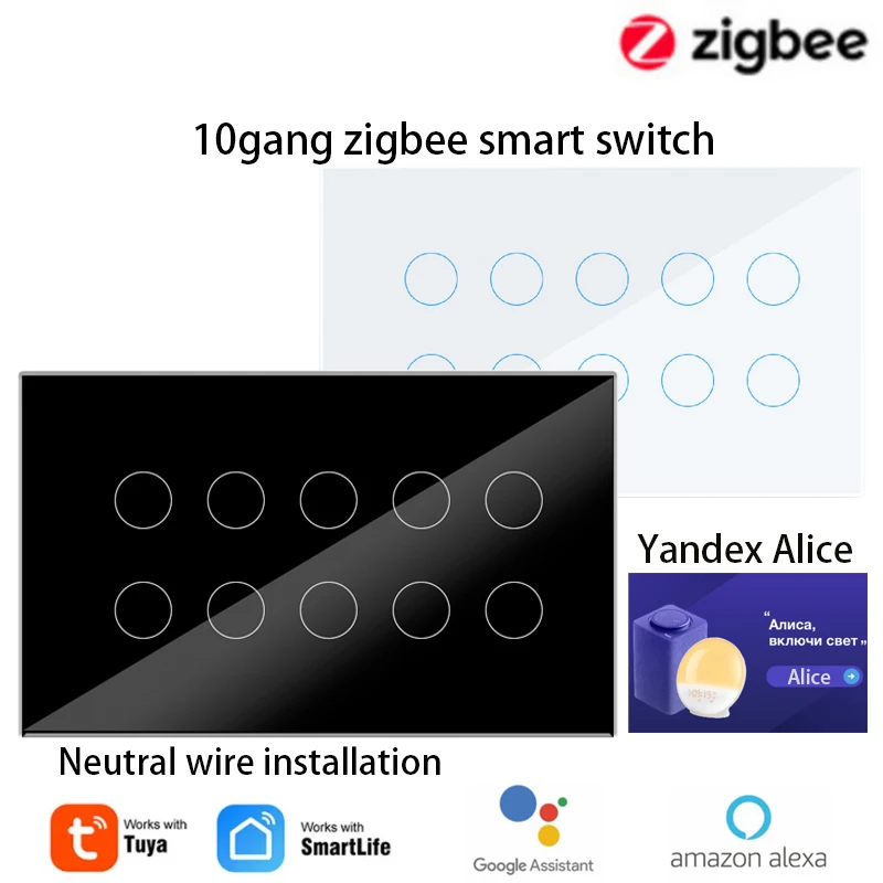 

6/8/10gang Zigbee Smart Switch app samrt life Alexa Google Yandex Alice voice control AC100V-240V 1000W/gang 2way light switch