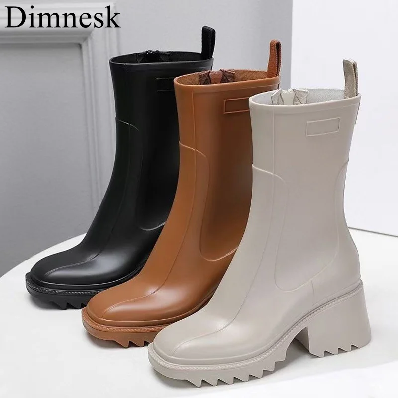 Сапоги женские резиновые до середины икры высокий толстый каблук квадратный