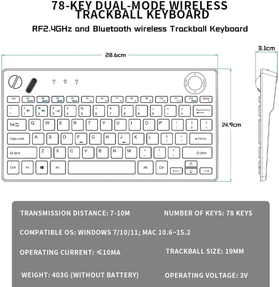 JOMAA 78키 백라이트 무선 트랙볼 키보드, Windows Mac iOS용 트랙볼이 포함된 Bluetooth 5.0 및 2.4G 무선 키보드
