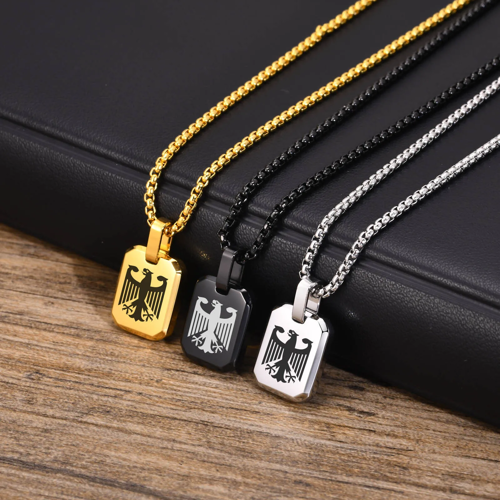 German Eagle Square Neckalces for Men, Stainless Steel Big/Small Dog Tag Pendant Necklace,Trendy Germany Jewelry Gift