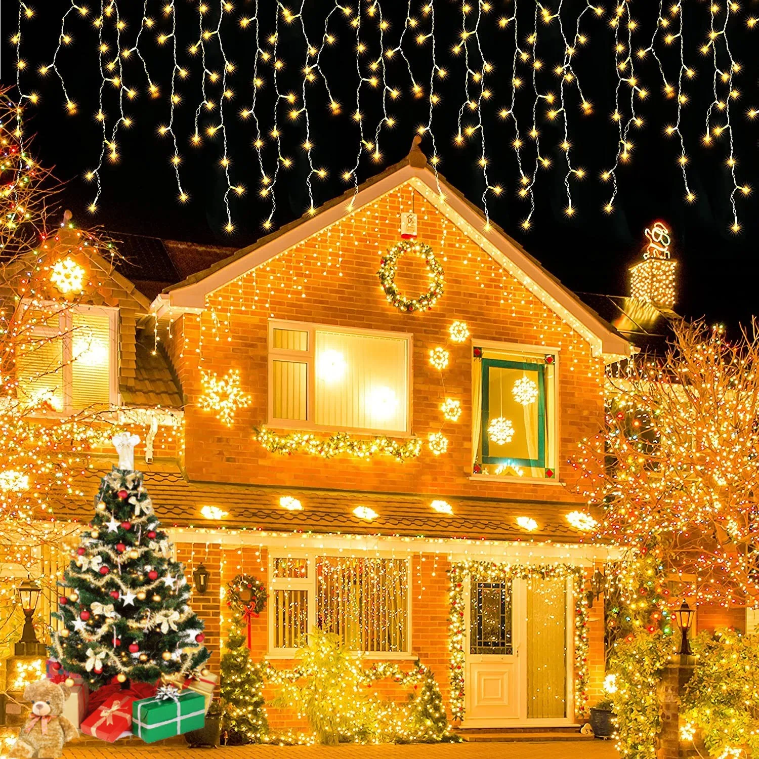 thumbnail image 1 of Luces LED navideñas de carámbanos para colgar en el techo al aire libre, cortina de luces de hadas de 4 m x 0,4/0,5/0,6 m para decoración de Navidad, Año Nuevo y bodas, 1 of 5