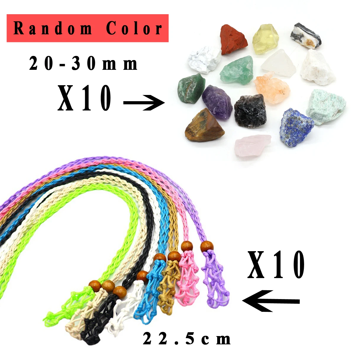 Wholesale Natural Semi Precious Crystal Raw Stone X10PCS DIY Making Woven Color Mesh Bag Necklace Chain X10PCS, Total of 20 Pcs