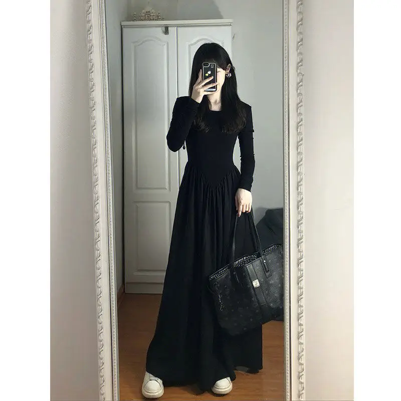 

New Sporty Black Long Vintage Dress Woman Spring Summer O Neck Floor-length Office Lady Casual Pockets Dresses PTKPCC