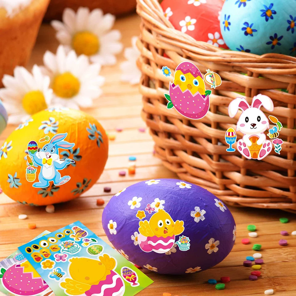 8/16Sheets Cute Easter Rabbit Make a Face Puzzle Stickers DIY Game Children Educational Toys Cartoon Assemble Jigsaw Decoration
