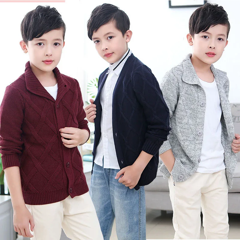 

Hot Sales Spring Autumn Boys Sweater Solid Color Keep Warm Knitting Jacquard Weave V-neck Cardigan For 2-10 Years Old Kids