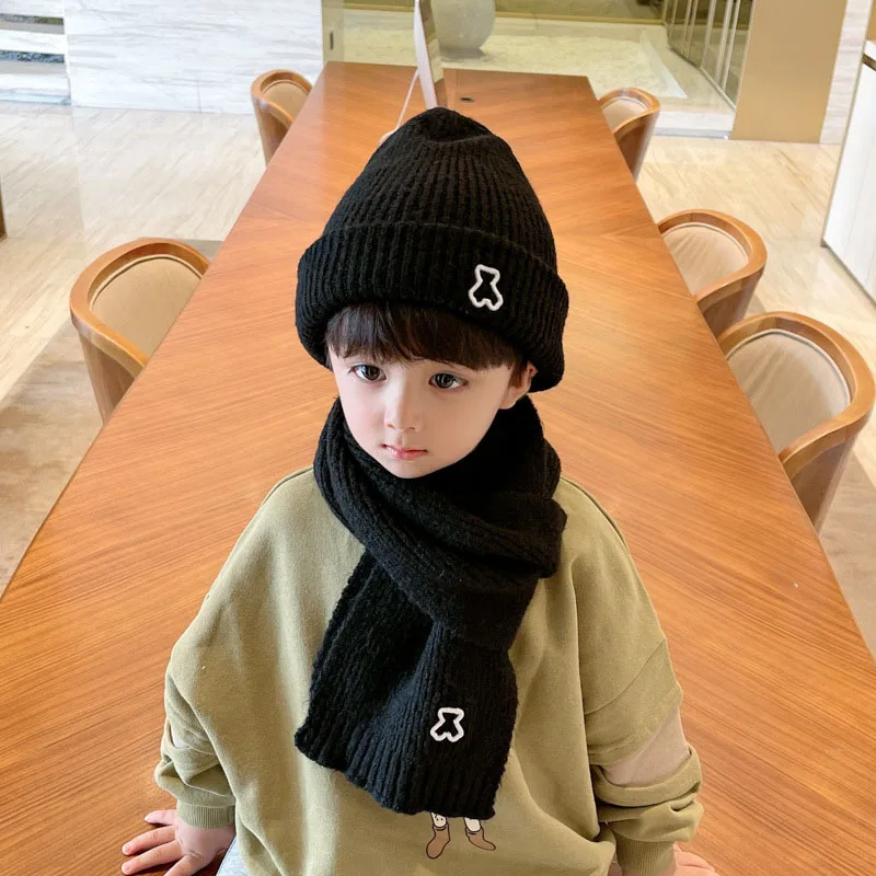 Letter Baby Hat Scarf Set Winter Korean Thick Warm Boy Girl Knit Pullover Hats Neck Cover Outdoor Kids Windproof Neckerchief