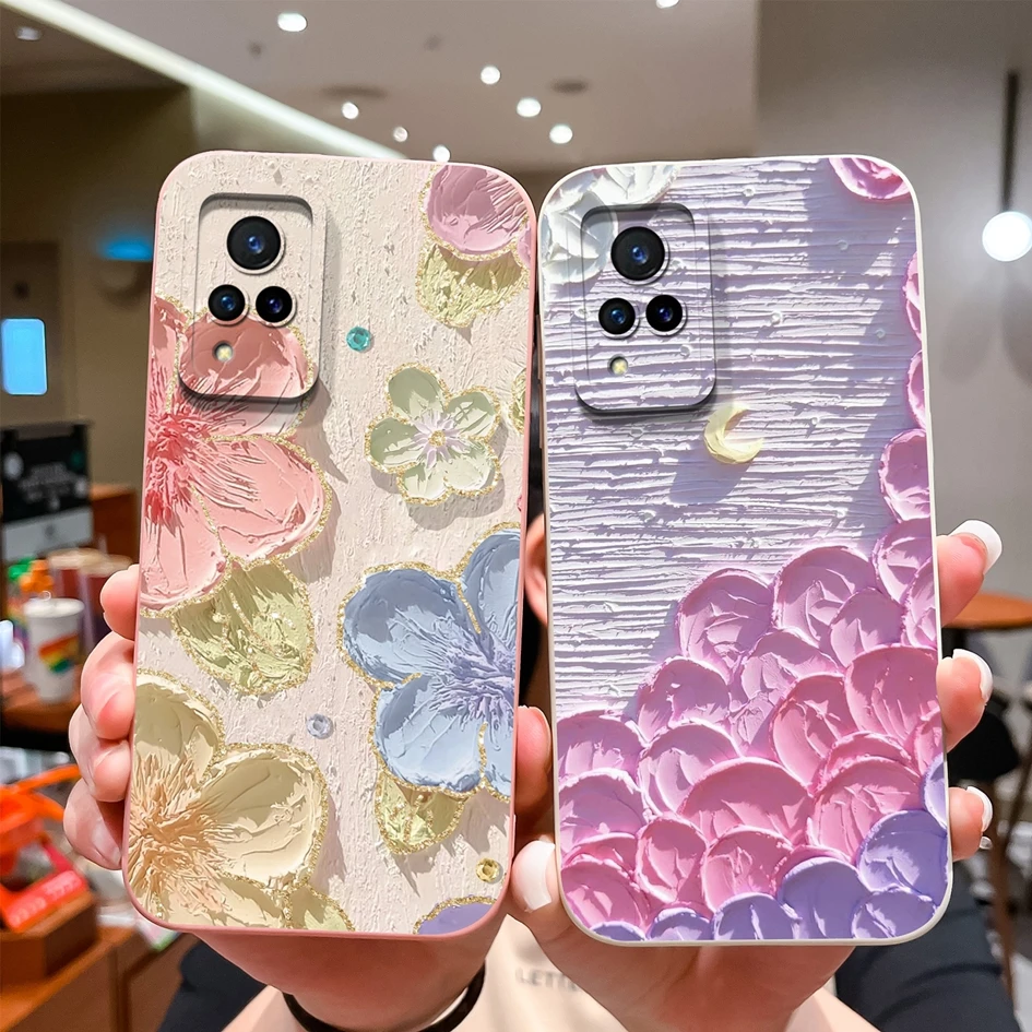 Beautiful Color Floral Pattern Liquid Silicone Phone Case with Lens Protection