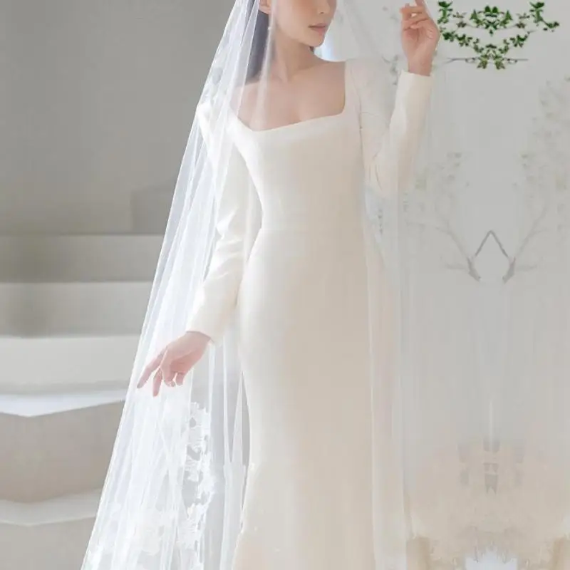 Elegant Mermaid Wedding Dresses With Long Sleeve Fashion Square Collar Simple Vestidos 2024 New Satin Bridal Dress Customized 3