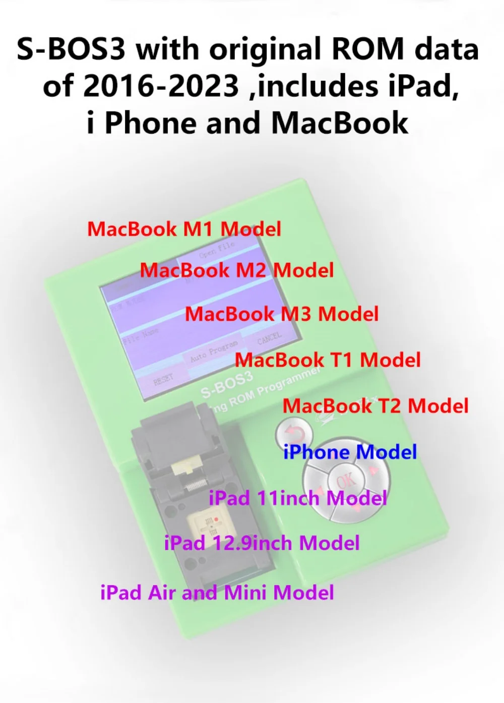소픽스 뉴 S-BOS3 USBC 충전 ROM 프로그래머 맥북 아이패드 아이폰 2016-2023 CD3215 CD3217 ROM 데이터 쓰기 수리 도구
