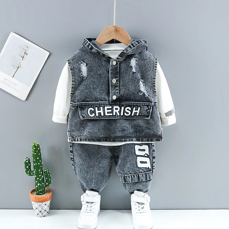 Kids Clothes Baby Boy Cotton Clothes Spring Autumn 3Piece Cowboy Trousers Long Sleeve Coat Leisure Sports Denim Suit