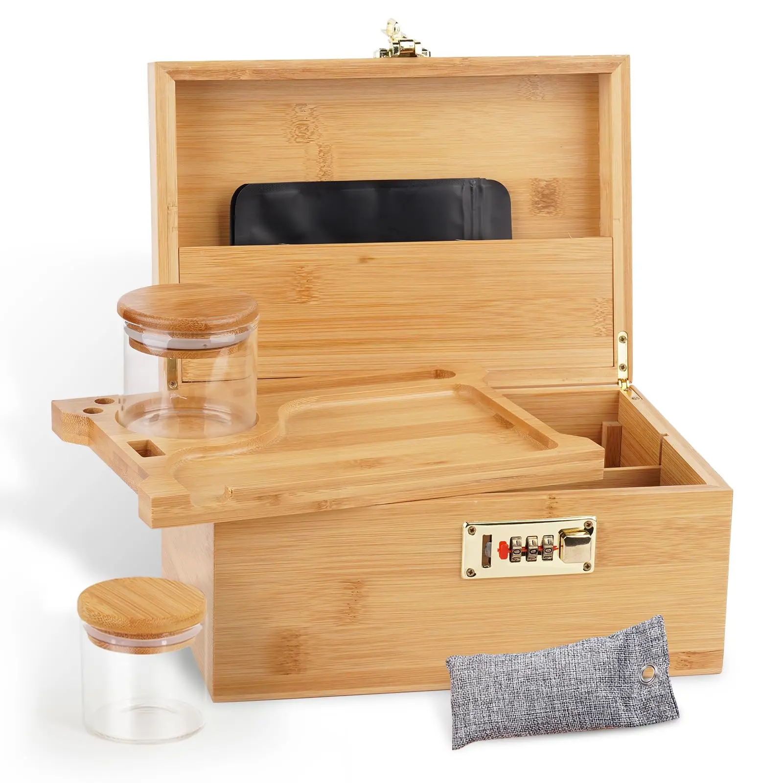 

Large Bamboo Box with Combination Lock Stash Box for Home Great Father Day Gifts Wooden Box Locking Storage with Glass Jar/Grind