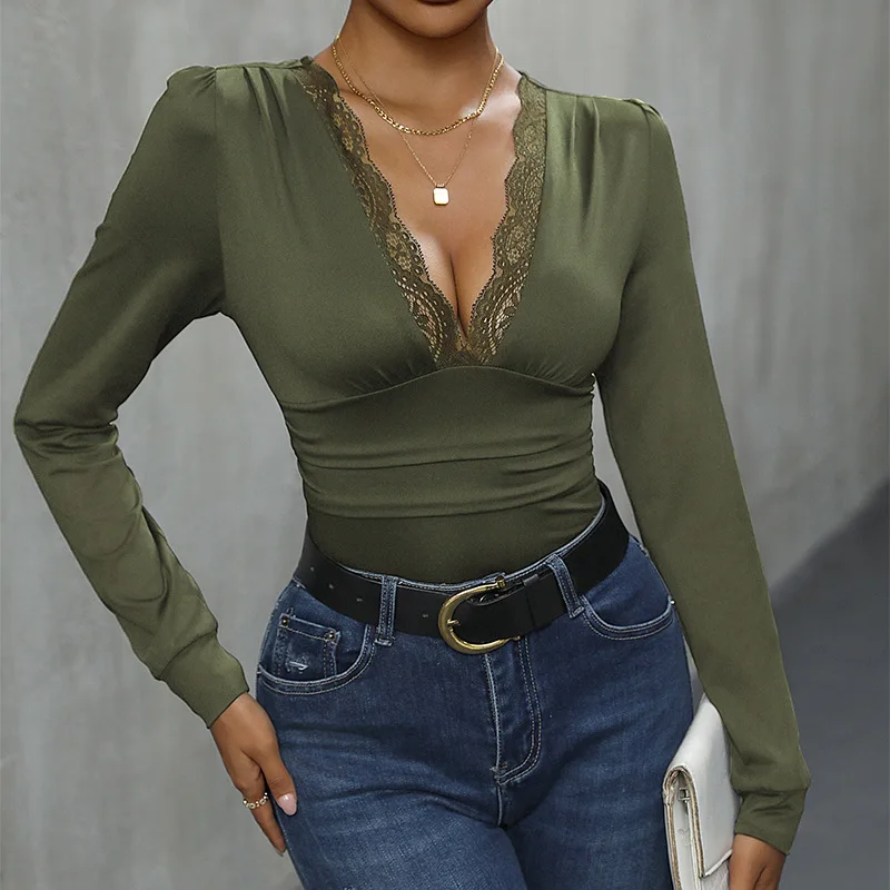 Spring Long Sleeved Lace Patchwork V-neck 2024 Women Temperament Fashion Solid Color Slim Multicolor Sexy All-match Jumpsuits