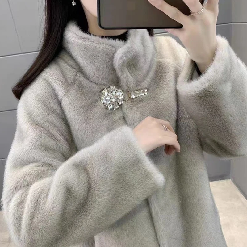 Oversized Mink Fur Jacket Women Casual Buckle Stand Collar Winter Coat Thick Windproof Long Sleeve Solid Colors Overcoat Loose
