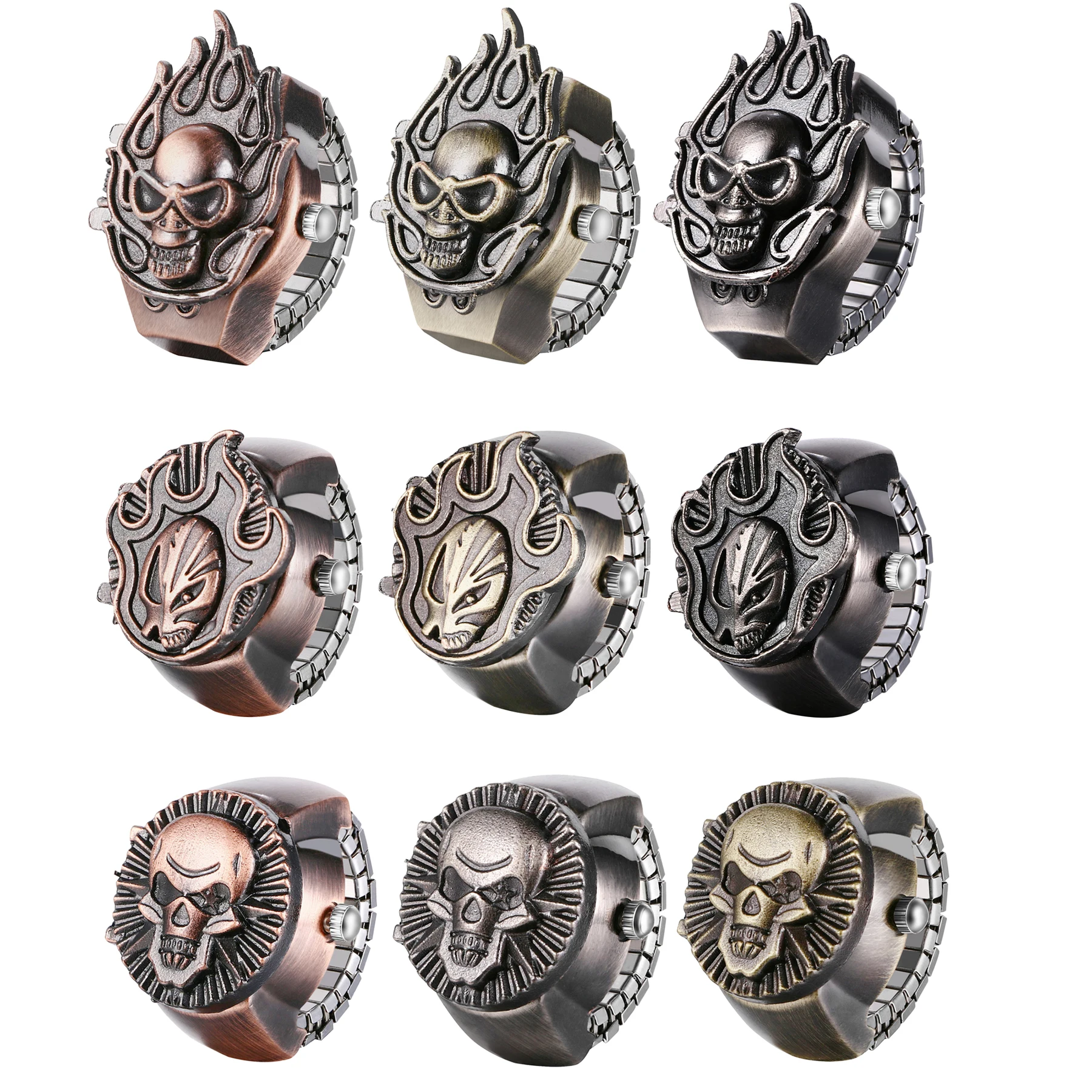 

LANCARDO Retro Finger Ring Watch Unisex Creative Vintage Fire Skull Ghost Head Elastic Stretchy Watches Men Women Halloween Gift