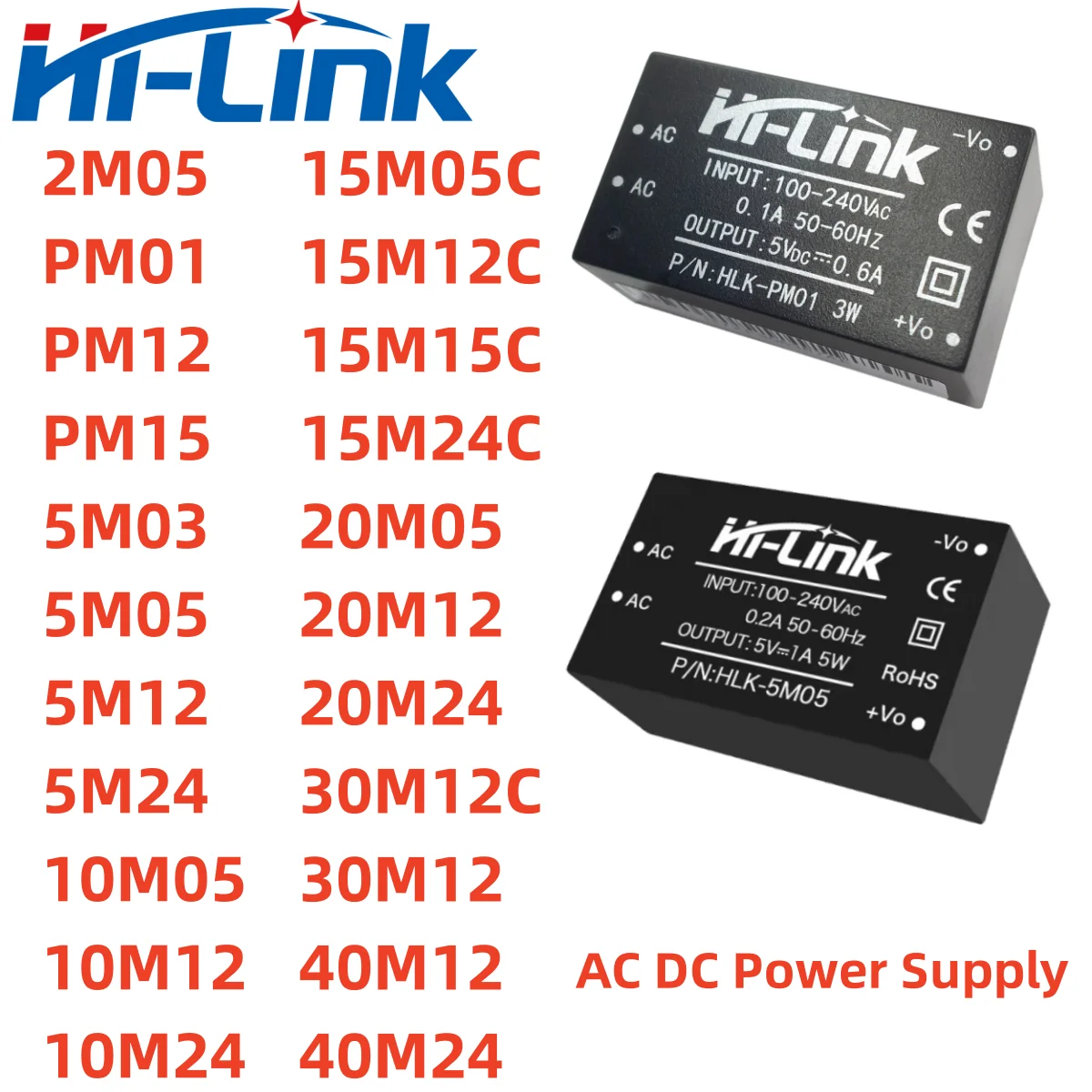 Hilink-módulo de fuente de alimentación AC DC 220V a 3,3 V, 5V, 9V, 12V, 15V, 24V, 2W, 3W, 5W, 10W, 15W, 20W, 30W, 40W, 5M05, PM01, 10M05 10M12 20M12 40M12