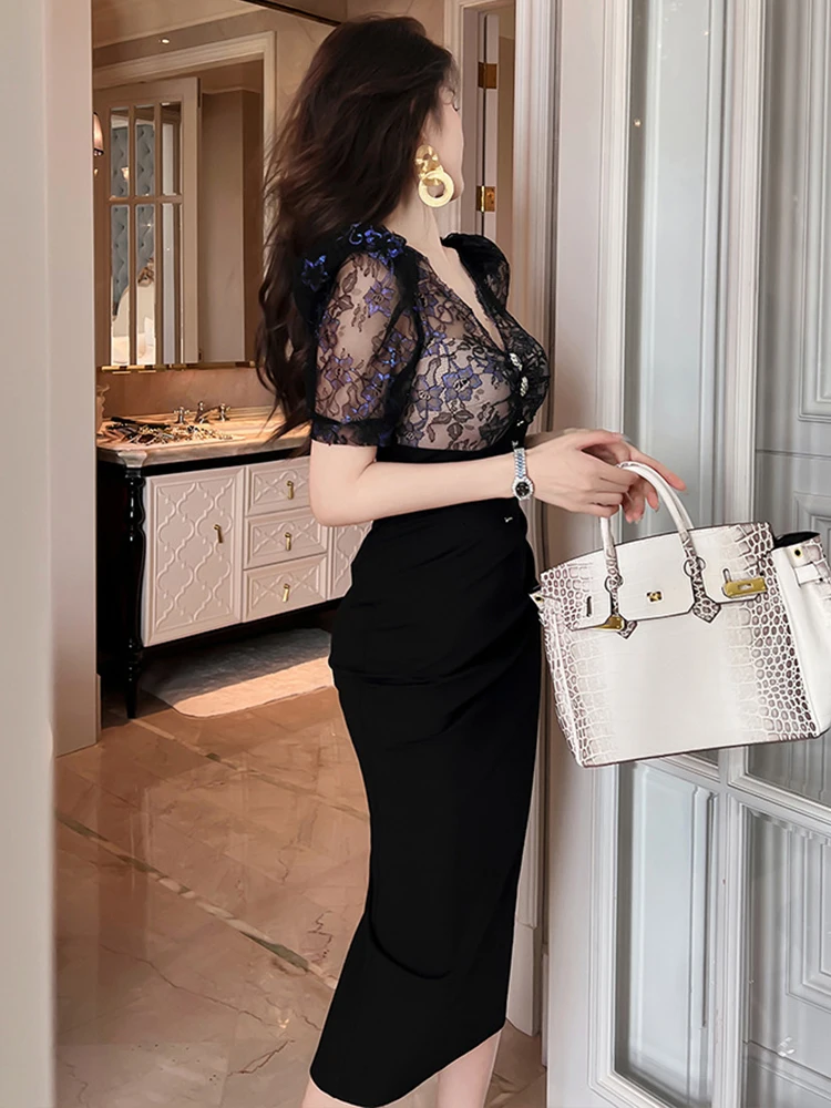 French Women Evening Dress Chic Black See Through Sexy V