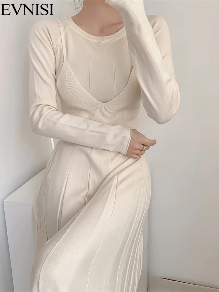 

Элегантное женское платье EVNISI на бретельках с длинным рукавом, 2 предмета, с круглым вырезом, с драпировкой, с высокой талией, вязаное платье для женщин, облегающее платье