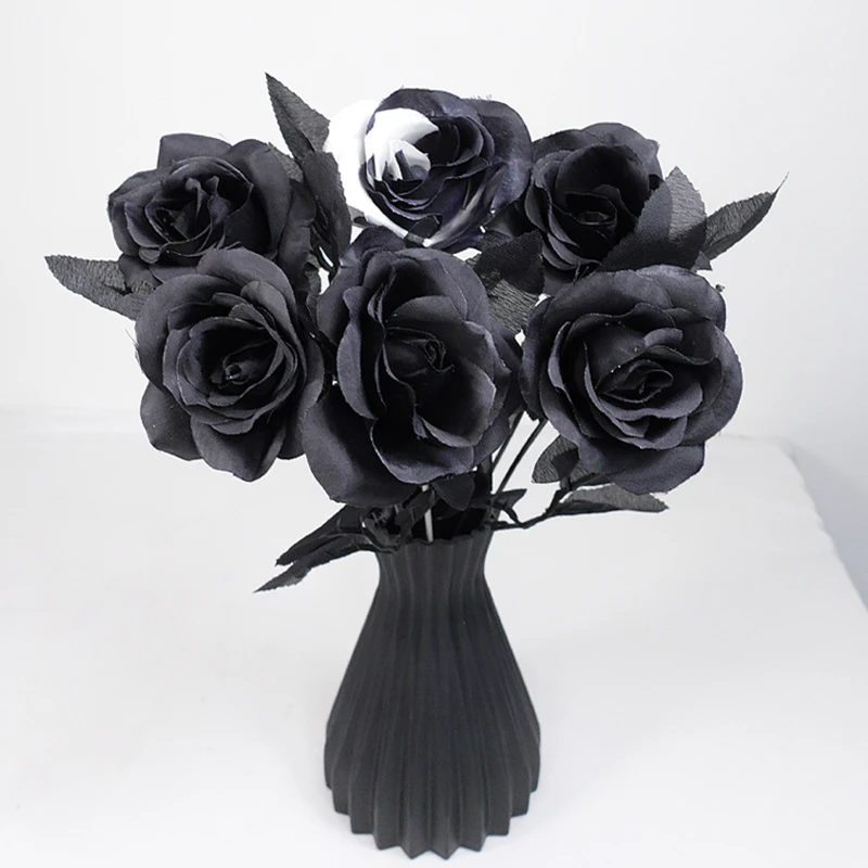 5pcs Black Artificial Flower Rose Bouquet Halloween Decoration Peony