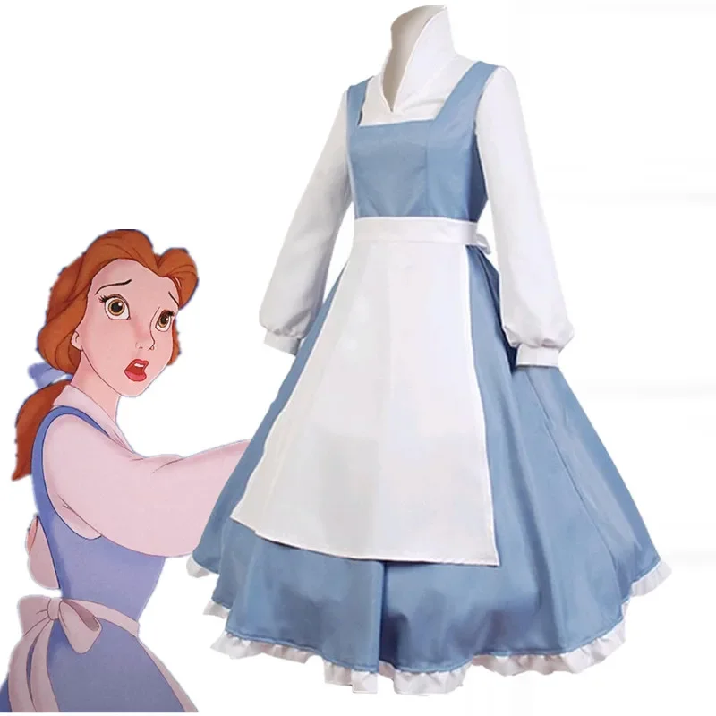 

Adult Women Belle Blue Maid Dress Cosplay Costume Women Blue Full Set Dress Halloween Costume Adult Beauty And The Beast Belle