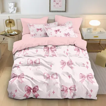 3pcs Pink Bow Printed Coreless Down Duvet Cover Set, Multi Size Bedroom Bedding Decoration, Machine Washable 1