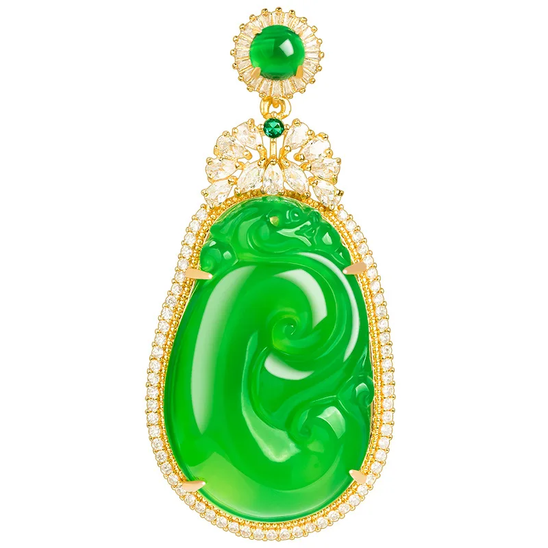 Authentic Natural Green Agate Ruyi Copper Plated Gold Inlaid Pendant For Women's Gifts Charms Fashion Jewelry Drop Shipping