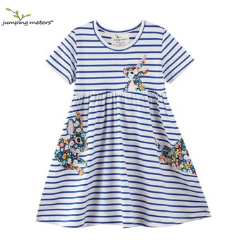 Jumping Meters Summer Princess Short Sleeve Applique Girls Cotton Dresses for Baby Stripe Costume Hot Selling Kids Dress 1