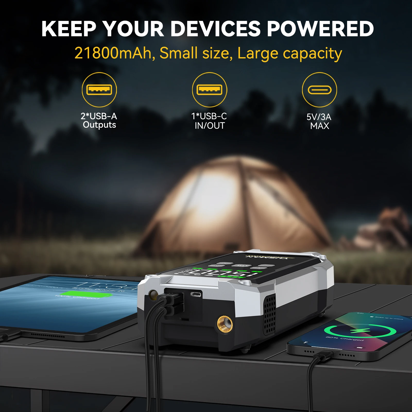 Avviatore di emergenza per auto YUSMAN 5000A, compressore d'aria 150PSI, torcia portatile, power bank per auto 12V - immagine 4