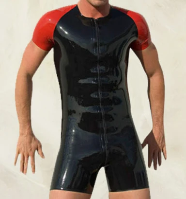 

Latex/Rubber/Fetish/Catsuit/Costume/Masquerade/sexy/partyBlack-Red-Short-Sleeves-Men-s-Latex-Bodysuit