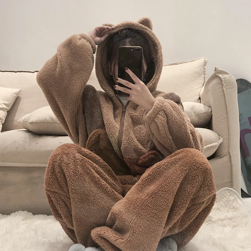 Thermal Onesies Cartoon Bear One-piece Pajamas for Adult Women Flannel Sleepwear Kigurumi Cosplay Animal Loungewear Nightwear